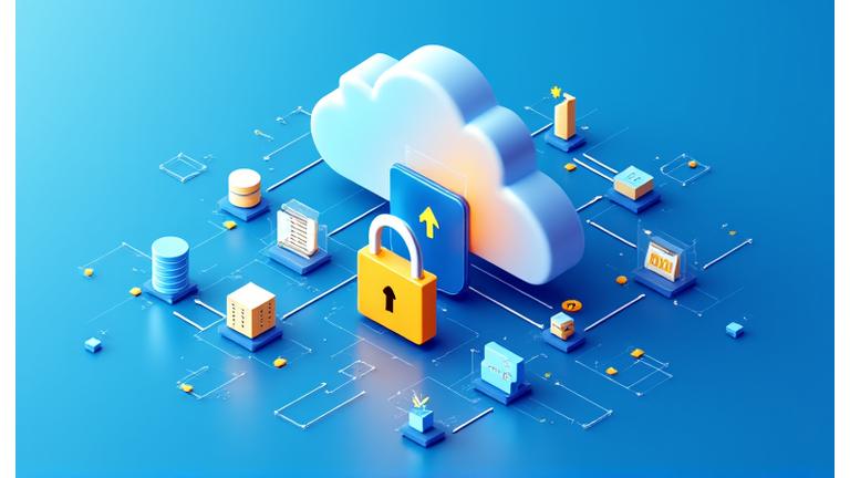 データを保護する鍵と盾のアイコン、クラウドバックアップの視覚的表現