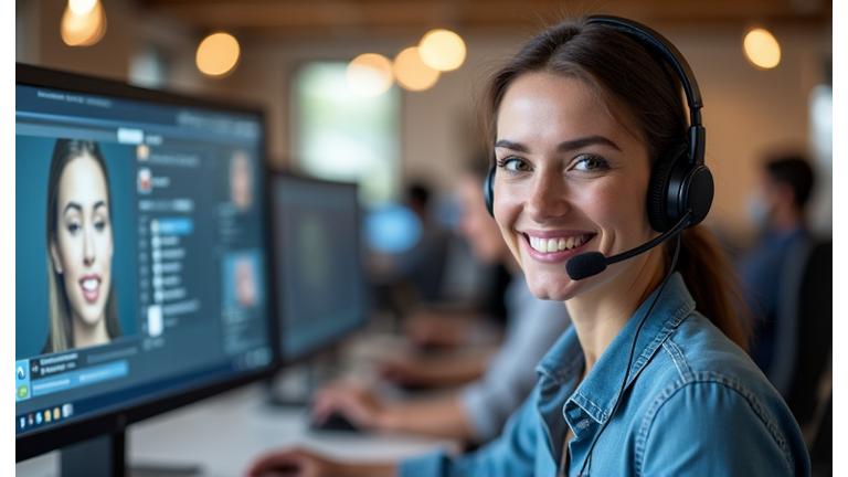 笑顔のヘルプデスク担当者がヘッドセットとPCでサポートする様子